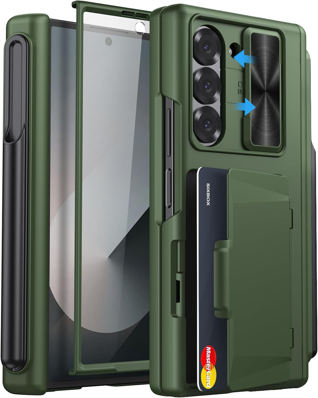 for Samsung Galaxy Z Fold 6 Case with Card Holder & Hinge Protection & Slide Lens Cover, Built-in S Pen Holder & Screen Protector, Heavy Duty Rugged Wallet Phone Case for Z Fold 6 2024, Green