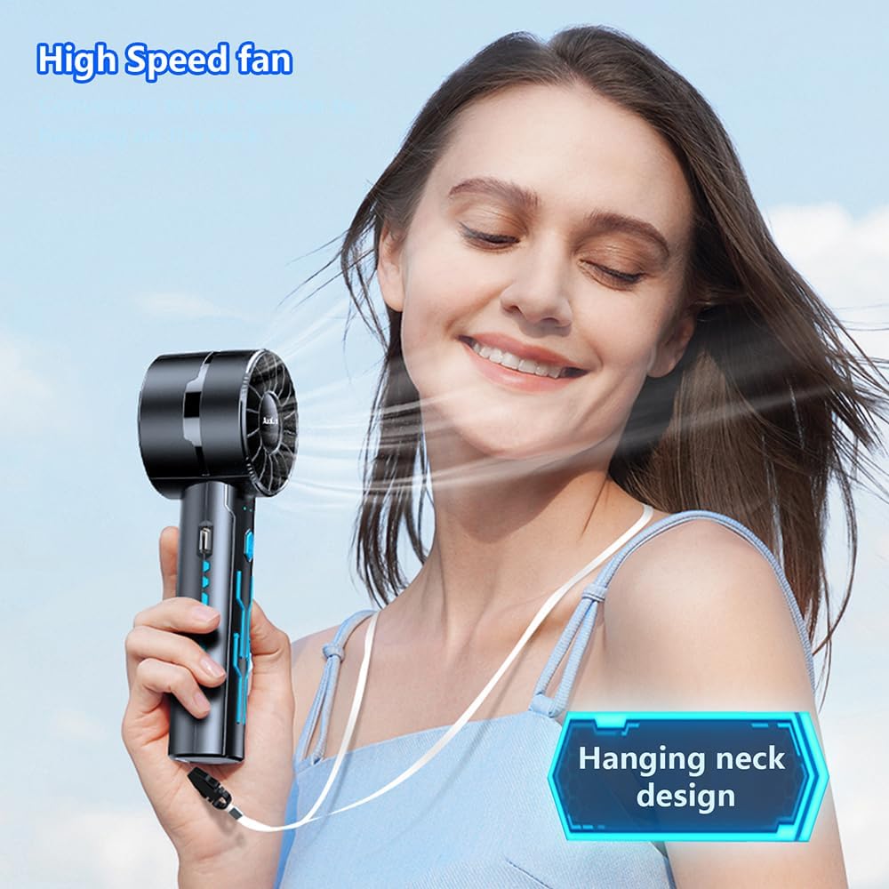 2pcs Portable Handheld Turbo Fan with 7000rpm High-Speed Motor USB Rechargeable Cooling Personal Fan 4-Speed, 4-16H Runtime, with Lanyard for Outdoor Travel, Women, Kids, Summer Gift