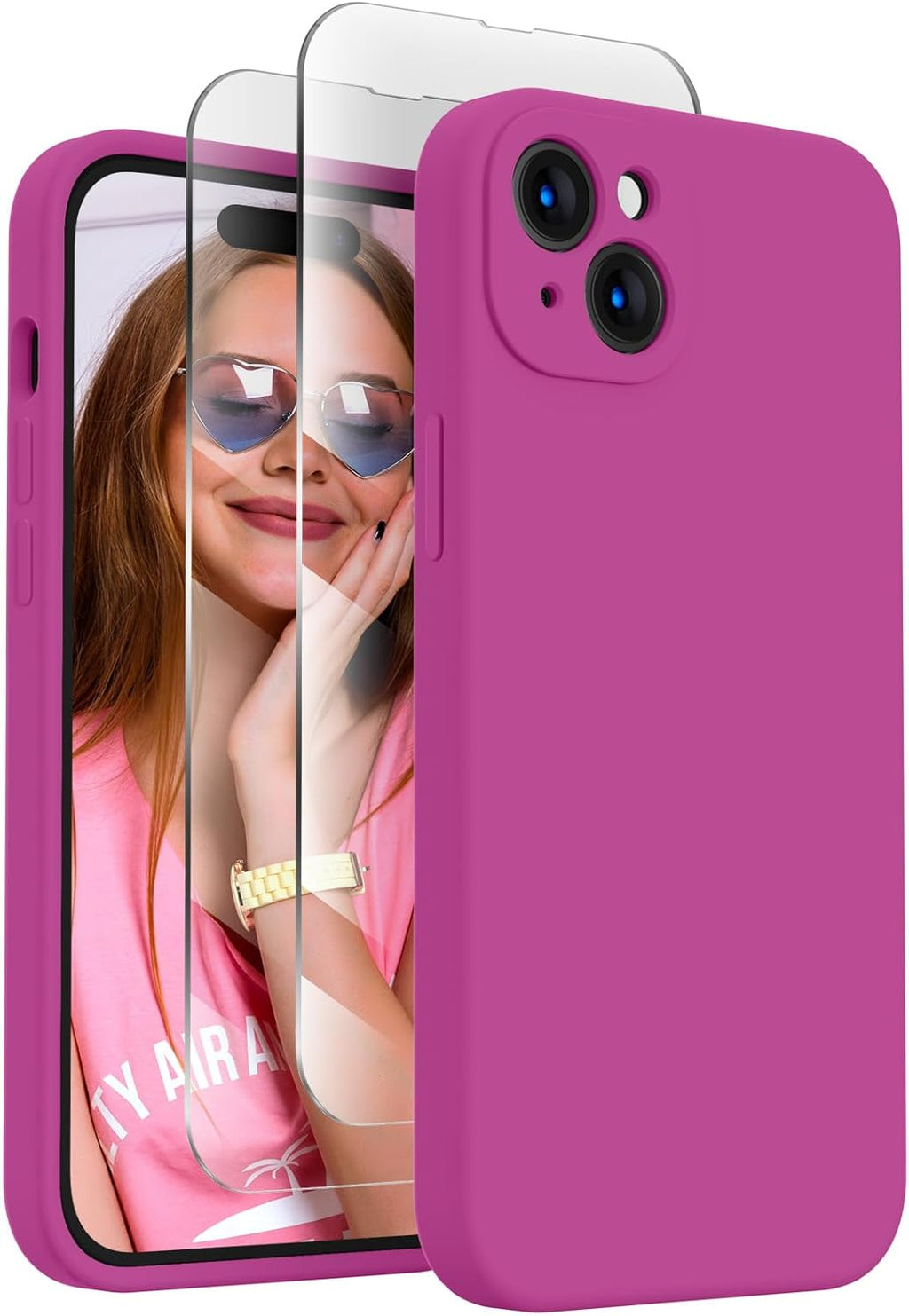 FireNova Designed for iPhone 15 Plus Case, Silicone [Camera Protection] Case with [2 Screen Protectors], Soft Anti-Scratch Microfiber Lining Inside, 6.7 inch, Shocking Pink