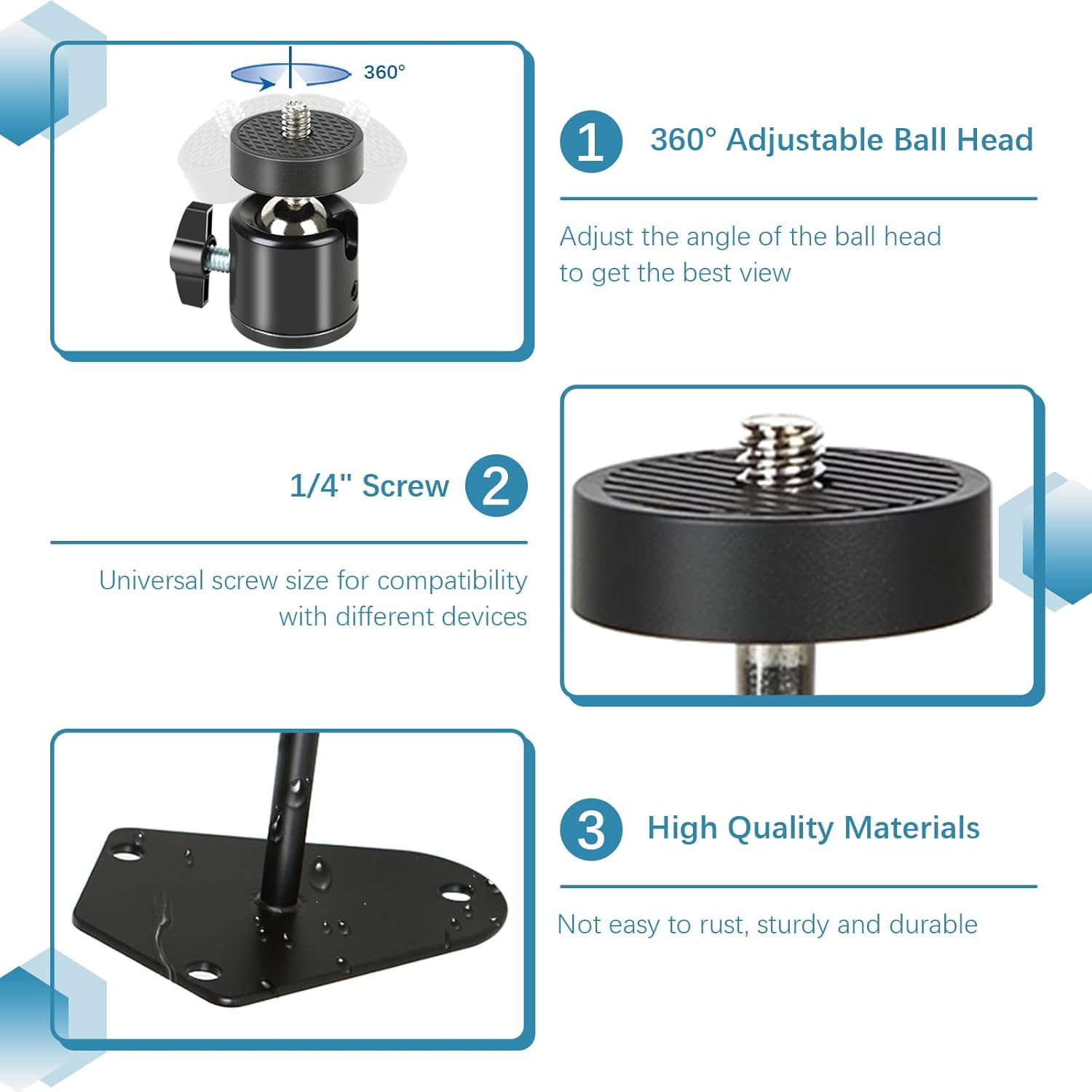 4-Pcs Camera Wall Mount Bracket, 360 Camera Mount with 1/4 Inch Thread, Metal Security Camera Mount, Camera Holder for Surveillance Cameras, Solar Panels, Lights