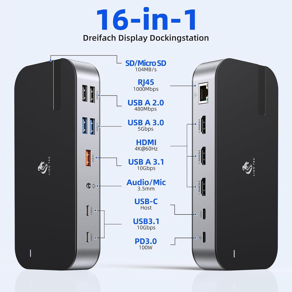 Laptop Docking Station,16 in 1 Docking Station USB C Docking Triple Monitor,USB C Dock Station with 3 HDMI,PD 100W, USB 3.1/3.0/2.0,RJ 45 Ethernet,SD/TF,Audio for Dell/Lenovo（Including Charging）