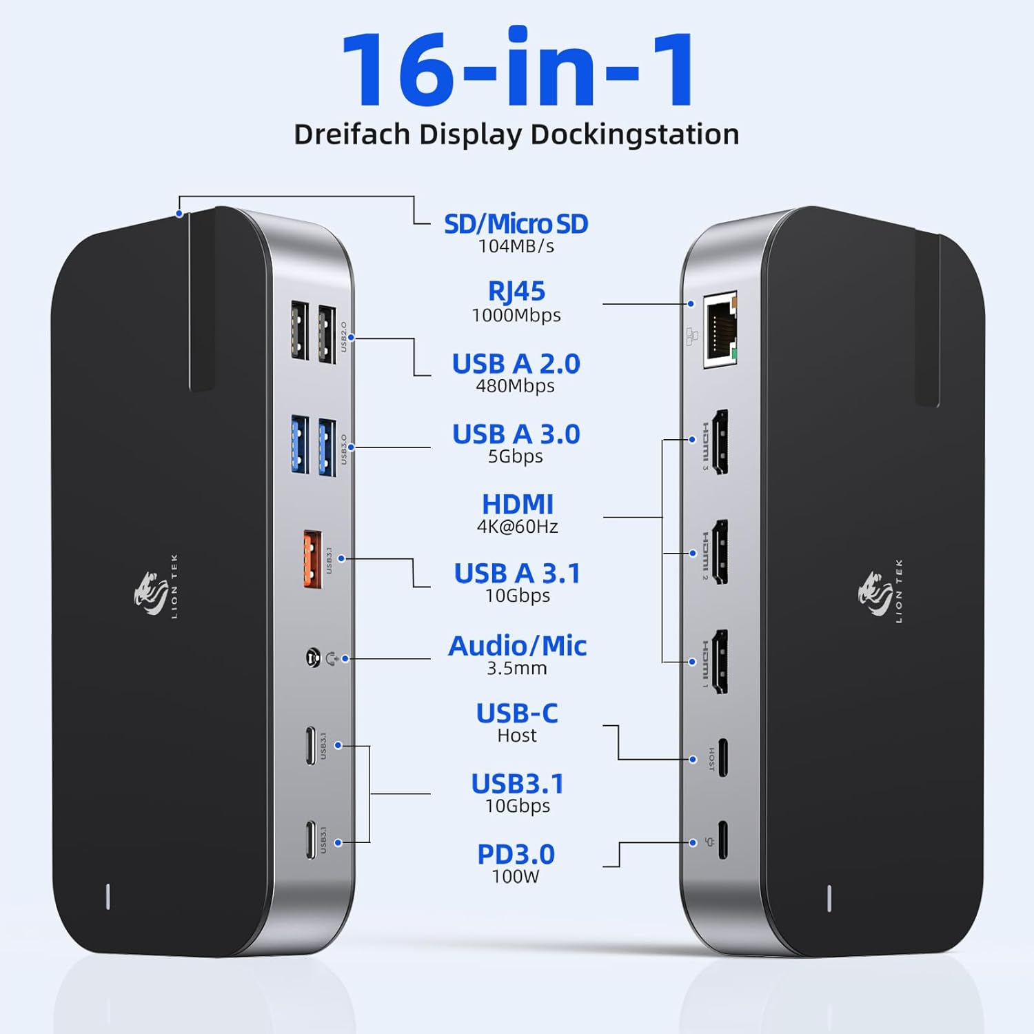 Laptop Docking Station,16 in 1 Docking Station USB C Docking Triple Monitor,USB C Dock Station with 3 HDMI,PD 100W, USB 3.1/3.0/2.0,RJ 45 Ethernet,SD/TF,Audio for Dell/Lenovo（Including Charging）