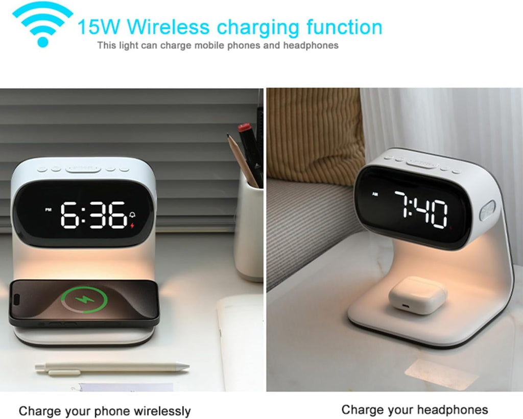 Digital Alarm Clock with Wireless Fast Charging Station 15W Touch Smart Lamp for Bedside,3 Colors Nightlight Adjustment Night Lamp for Living Room,Bedside,Heavy Sleepers (White+No Adapter)