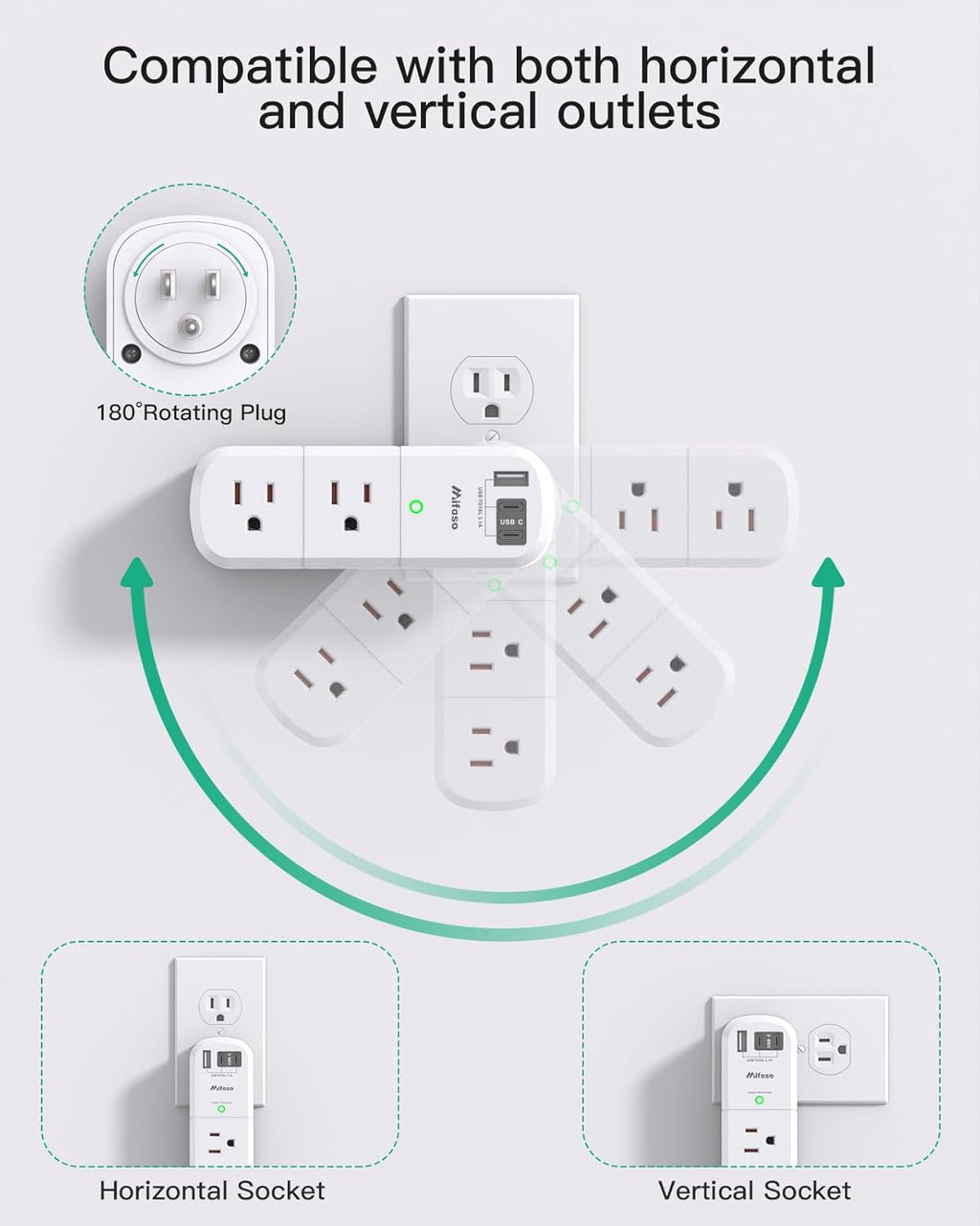 PD30W USB Outlet Extender Surge Protector - with Rotating Plug, 6 AC Multi Plug and 3 USB Ports (2 C), 3-Sided Swivel Power Strip Spaced Splitter for Home, Office, Travel