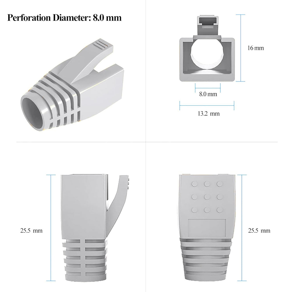 50-Pack RJ45 Boot Cover, Cat6A Cat7 Ethernet Network Cable Strain Relief Boot for 6.5-8.0mm Ethernet Cable (Hole Diameter: 8.0mm, Grey)