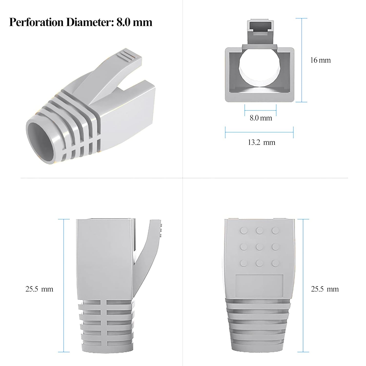 50-Pack RJ45 Boot Cover, Cat6A Cat7 Ethernet Network Cable Strain Relief Boot for 6.5-8.0mm Ethernet Cable (Hole Diameter: 8.0mm, Grey)