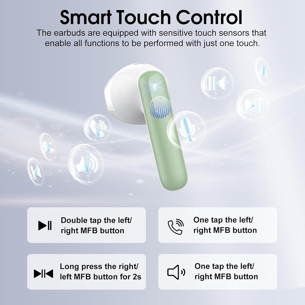 Wireless Earbuds, Bluetooth 5.4 Headphones with 3D Bass Stereo, 40H Ultralight in-Ear Buds, Bluetooth Earbuds with 4 ENC Noise Cancelling Mic, USB-C, IP7 Waterproof Earphones for Android iOS, Green