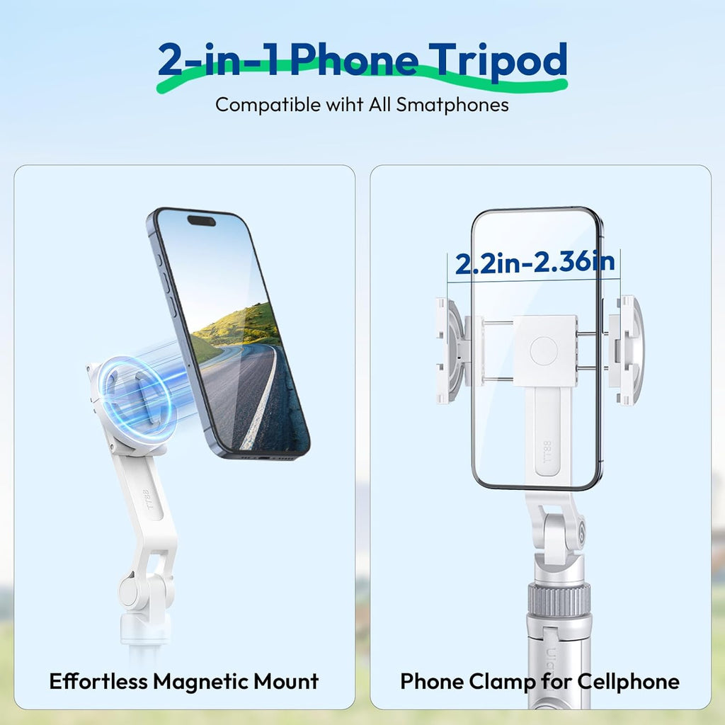 ULANZI TT88 Magnetic Tripod for iPhone, 57" Extendable Selfie Stick with Remote, 2-in-1 Phone Clip & Dual Cold Shoe Mounts-Lightweight Phone Tripod Stand for Vlogging, Travel, Video Recording (White)