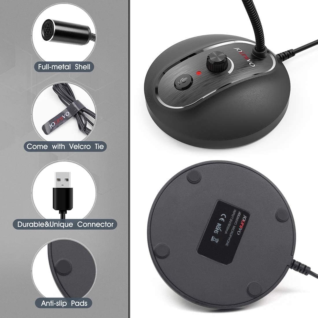 JOUNIVO USB Computer Microphone with Mute Button, Plug&Play Condenser, Desktop, PC, Laptop, Mac, PS4 Mic -360 Gooseneck Design -Recording, Dictation, YouTube, Gaming, Streaming