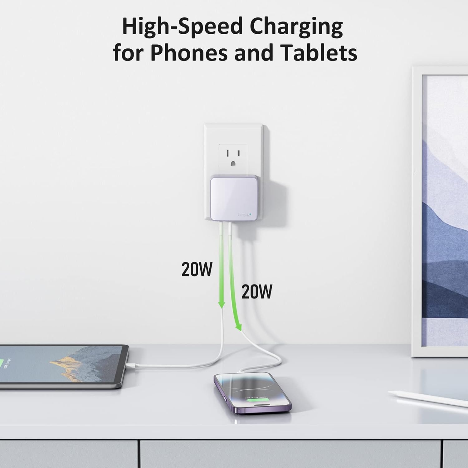Nekmit USB C Charger, Thin Flat 52W 4-Port Fast Wall Charger with Two 20W Power Delivery and 2 USB Port for iPhone 14/14 Pro/14 Pro Max, Galaxy, Pixel, iPad Pro, AirPods Pro and More, Purple