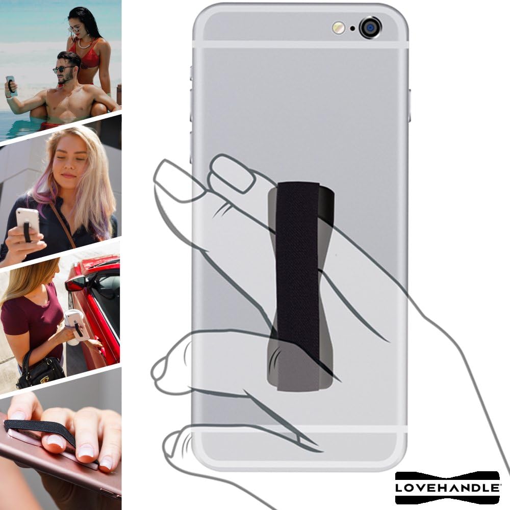 LOVEHANDLE Universal Phone Grip for Smartphones & Mini Tablets - Phone Holder for Hand - Wireless Charging Compatible - Made in The USA - Black Elastic Strap with Gold Base