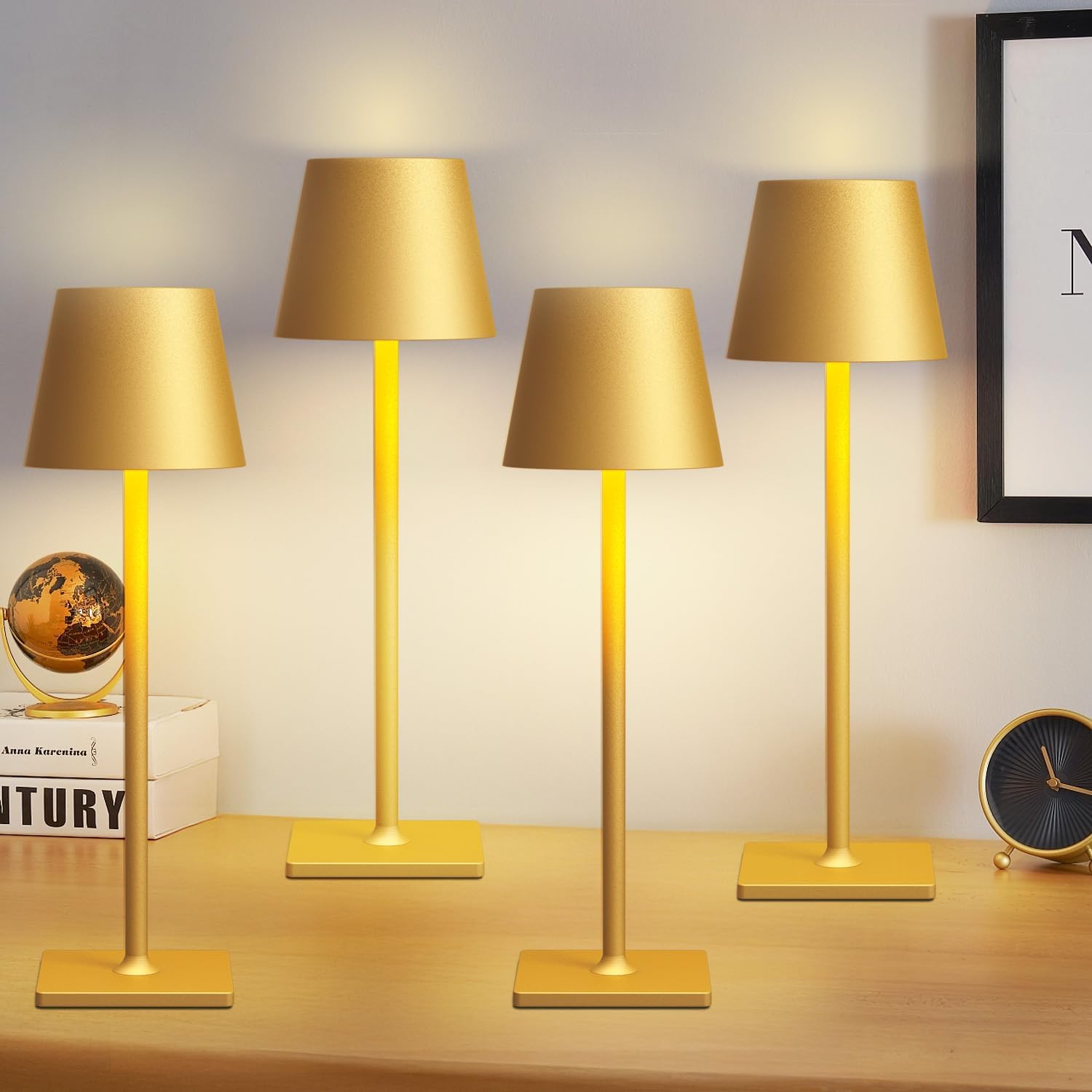 4 Pack Gold Cordless Table Lamps for Gifts, Portable Rechargeable Lamp, 6000mAh Battery Operated lamps, 3 Color Dimmable LED Table Light for Holiday, Christmas, Graduation Gifts, Teacher Gifts