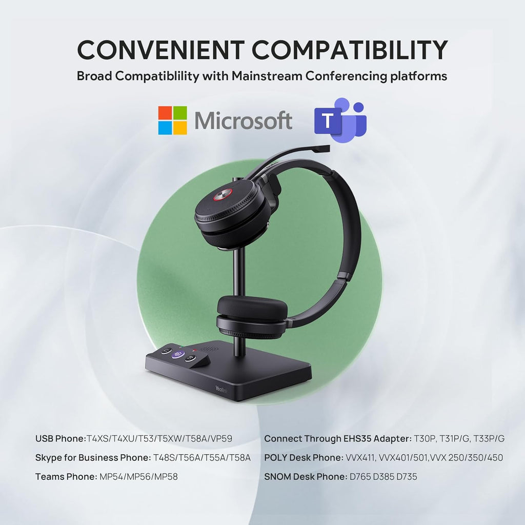 Yealink WH62 Dual Teams DECT Wireless Headset 525 ft Range, Work Headphones with 2X Noise Canceling Mic for IP Phone and Computer, Office Head Set with Call Control, Ringer,14 Hrs Talk Time