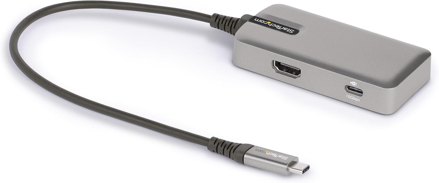 StarTech.com USB C Multiport Adapter - USB-C to 4K 60Hz HDMI 2.0, 100W Power Delivery Pass-Through - 3-Port 10Gbps USB Hub - Portable USB Type-C Mini Docking Station - 10" (25cm) Cable, TAA
