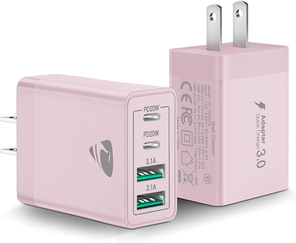 40W USB C Charger Cube, 2-Pack Fast Charging Block, 4-Port QC Wall Plug +PD 3.0 Power Adapter Multiport Brick Type C Charger Block for iPhone 15/15 Pro/15Plus/14/14 Pro/13/12/11,iPad, Airpods,Samsung