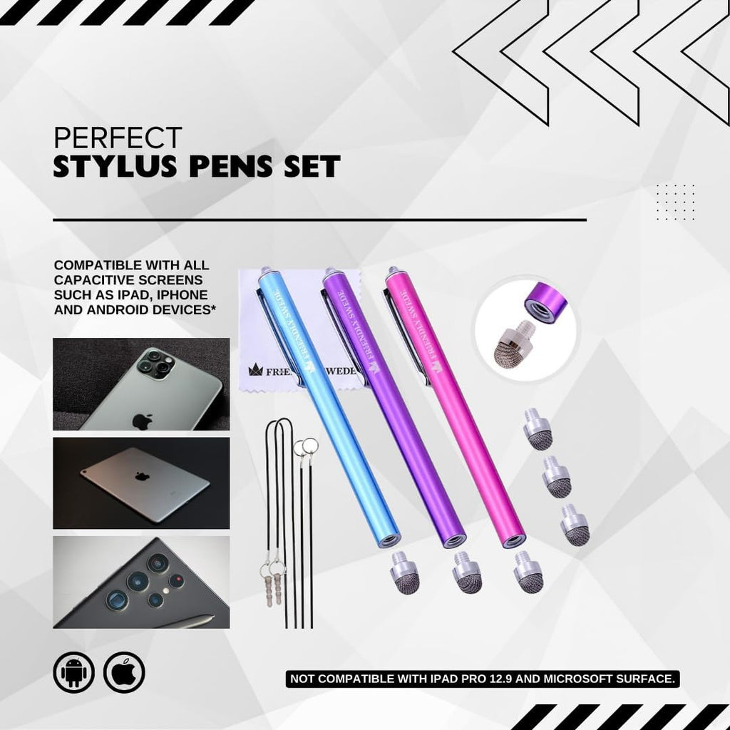 The Friendly Swede Mesh Tip Stylus Pen for Touchscreen — 3-Pack Micro-Knit Capacitive Stylus Pen for iPad & iPhone with 3 Replaceable Fiber Tips, Elastic Lanyards & Screen Cleaning Cloth