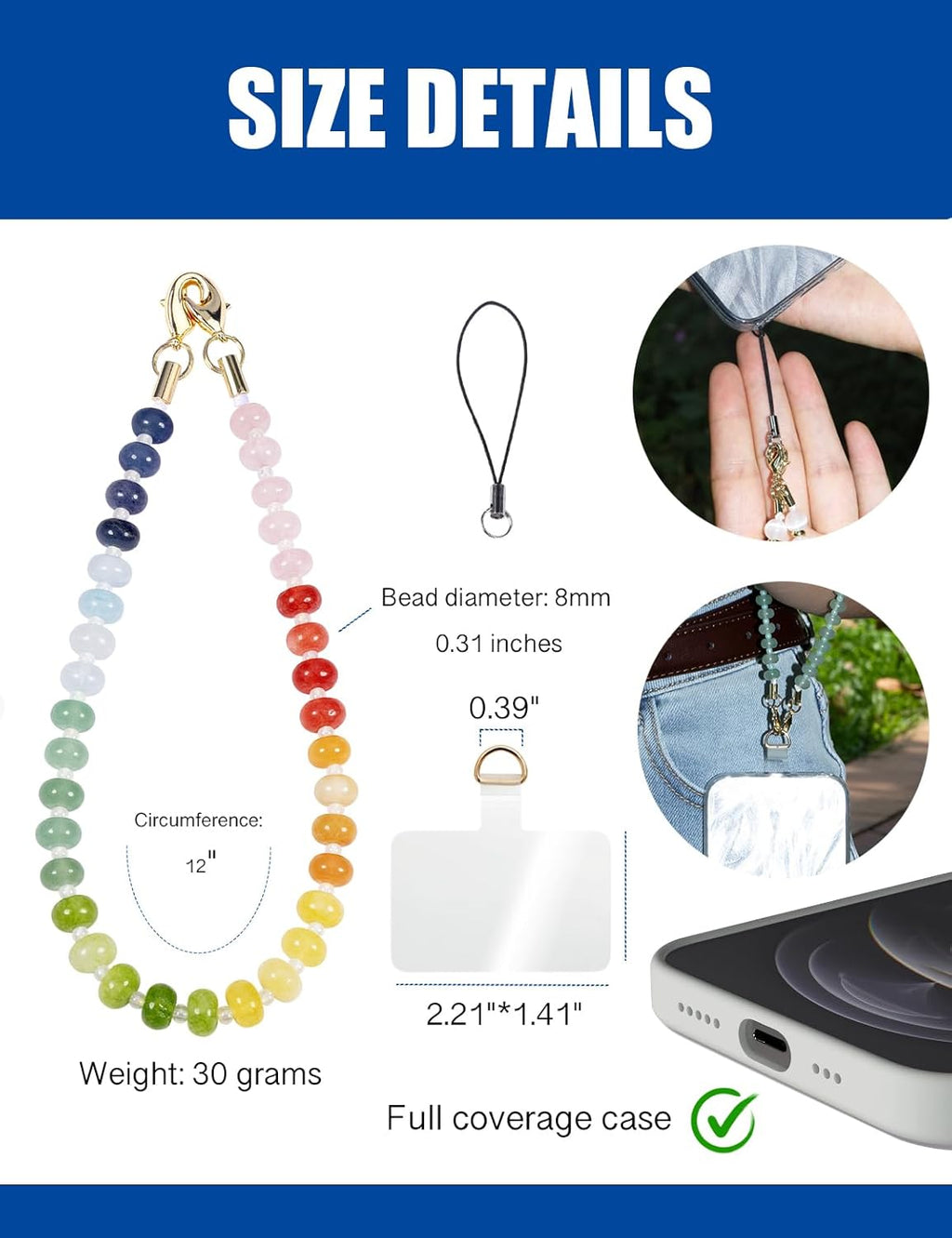 Handmade Natural Gemstone Crystal Beaded Charm Cell Phone Camera Lanyard, Hands-Free Wrist Strap, Phone Chain String, Keychain Decor for Walle (Rainbow)