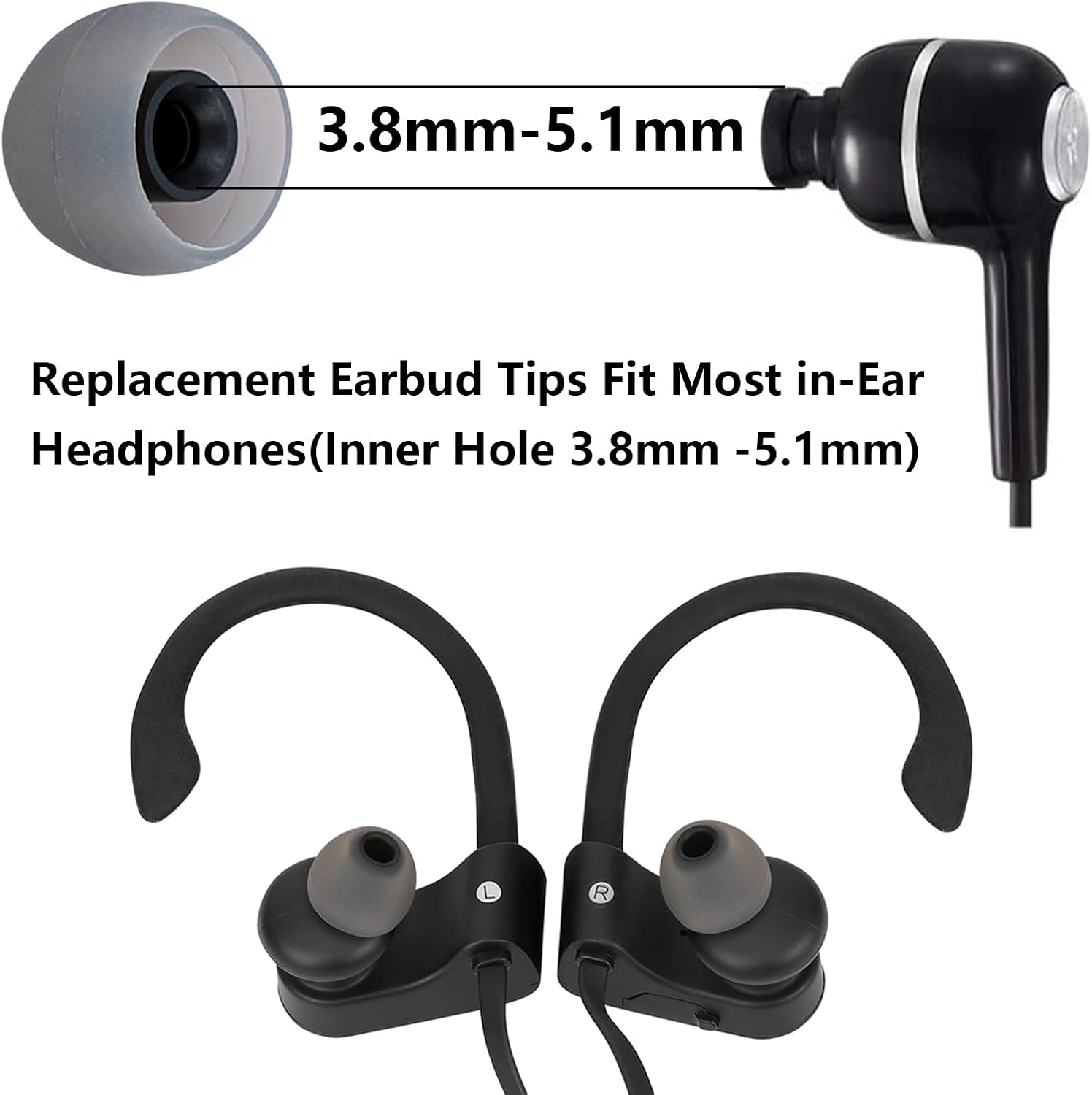 Silicone Replacement Earbud Tips Earbud Covers Ear Tips Fit for in-Ear Headphones (Inner Hole 3.8mm -5.1mm) Earbud Replacement Tips 9 Pairs