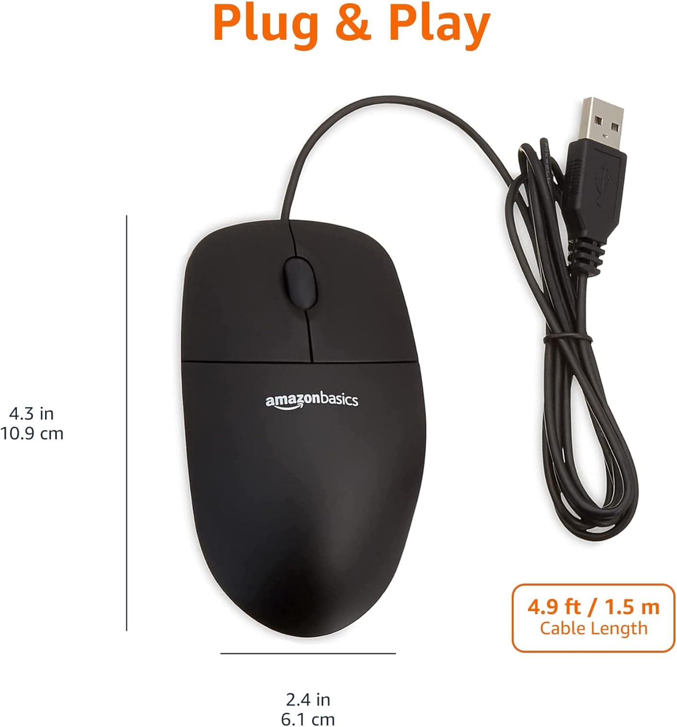 Amazon Basics 3-Button USB Wired Mouse with Scrolling and Tracking - Standard, Black