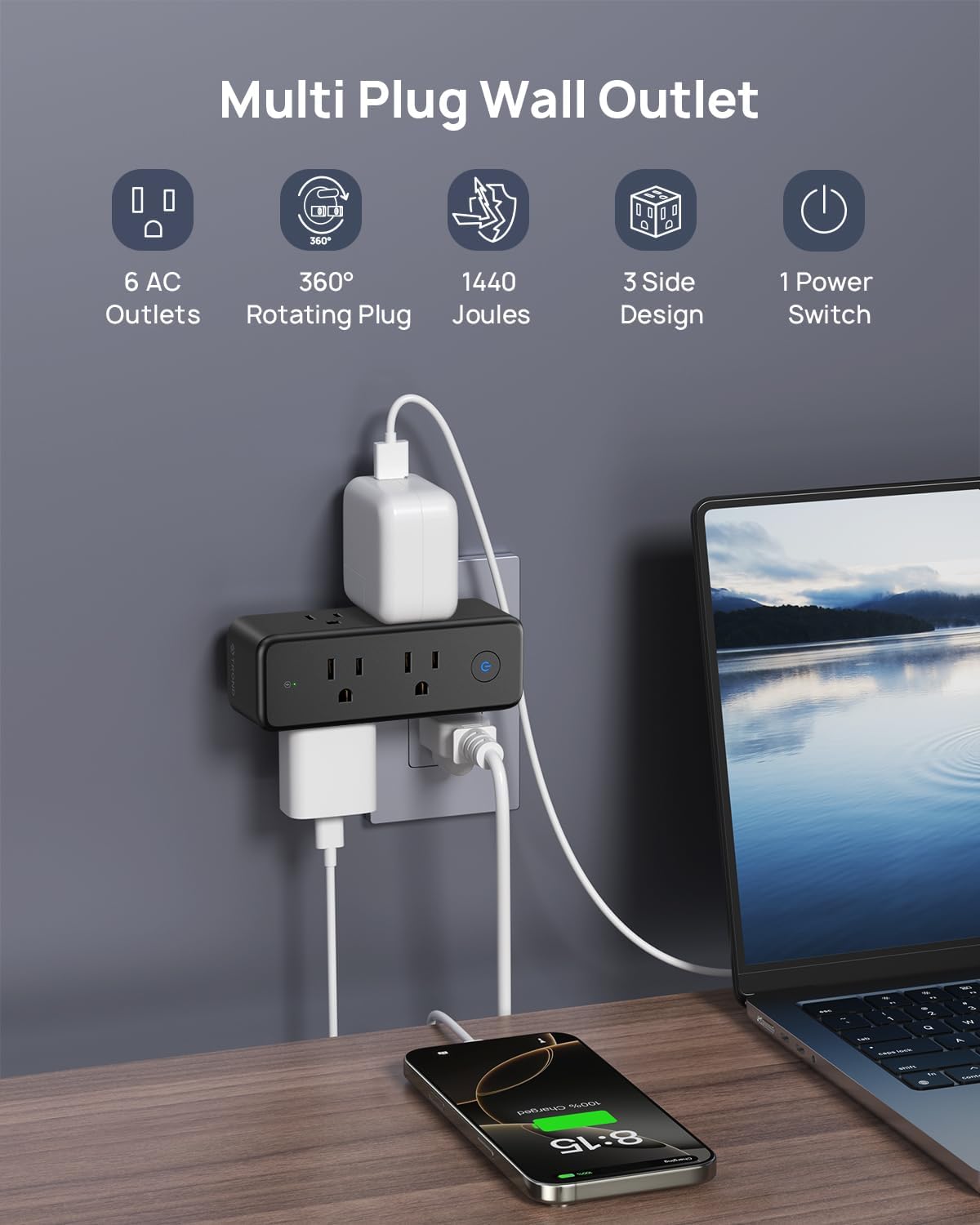TROND Outlet Extender Surge Protector - 6 AC Outlet Splitter with 360° Rotating Plug, 1440J Multi Plug Expander, 3 Way Swivel Plug Extension Outlet, Wall Adapter for Bathroom Kitchen Travel, Black