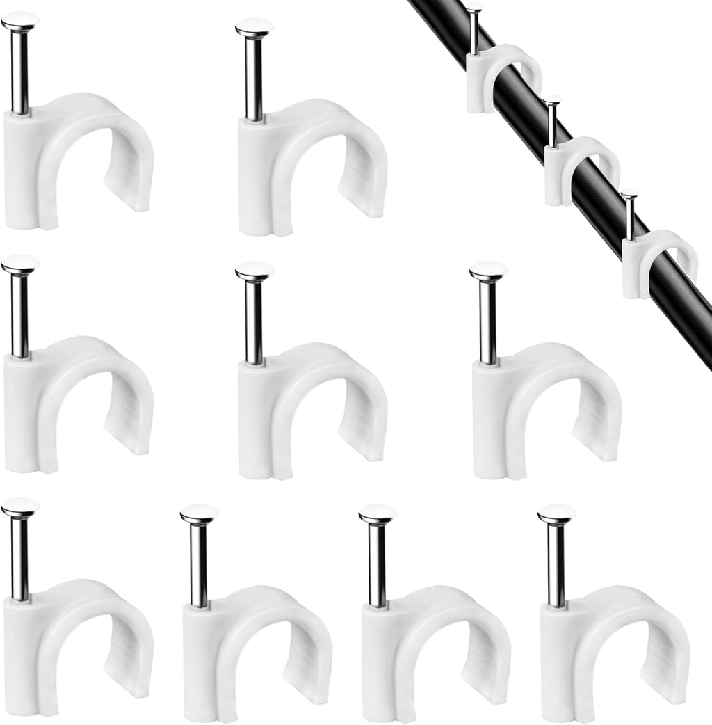 Cable Clips, 100 Pcs, 7mm, Wire Wall Clips with Steel Nails, Cable Management Organizer Clips, Cable Tacks Coax Holder Clips, RG6 RG59 CAT6 RJ45 Cable Cord Clips, White