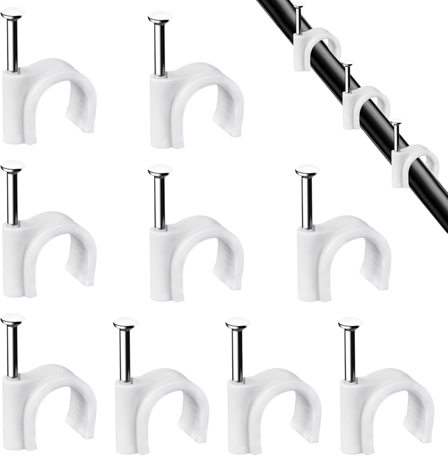 Cable Clips, 100 Pcs, 7mm, Wire Wall Clips with Steel Nails, Cable Management Organizer Clips, Cable Tacks Coax Holder Clips, RG6 RG59 CAT6 RJ45 Cable Cord Clips, White