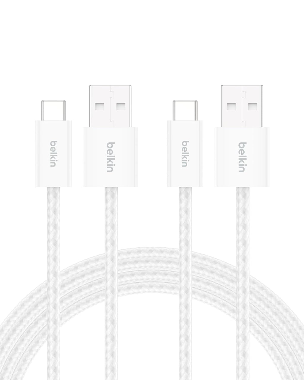 Belkin USB A to USB C Cable 2-Pack, 6.6ft, 15W - Type C Charger, iPhone Charger Cord, Soft, Braided, Flexible for iPhone 16 & 15, Galaxy S25, Pixel 9, iPad Pro, Airpods Pro, Switch & More - White