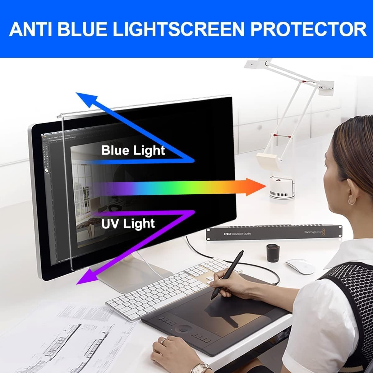 24 Inch Computer Privacy Screen for 16:9 Aspect Ratio Widescreen Monitor, Eye Protection Anti Glare Blue Light Computer Monitor Privacy Filter, Removable Anti-Scratch 24in Protector Film