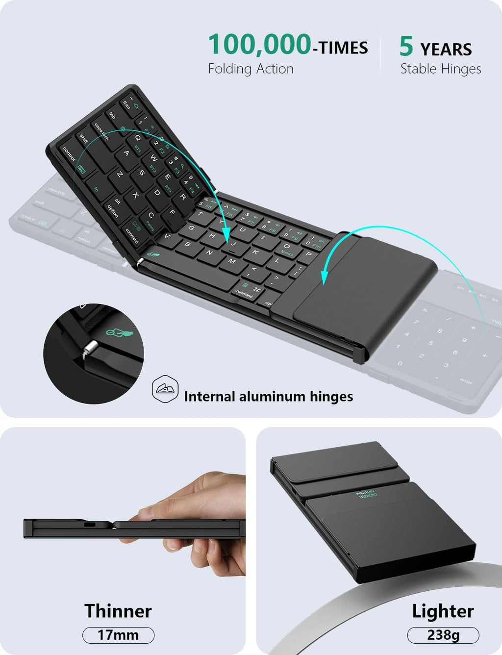 Nillkin Foldable Bluetooth Keyboard with Touchpad & Number Pad, Portable Bluetooth Keyboard with Full Size Keys, Pocket-Sized Wireless Travel Keyboards for iPad, Smartphone, Tablet and Laptop Black
