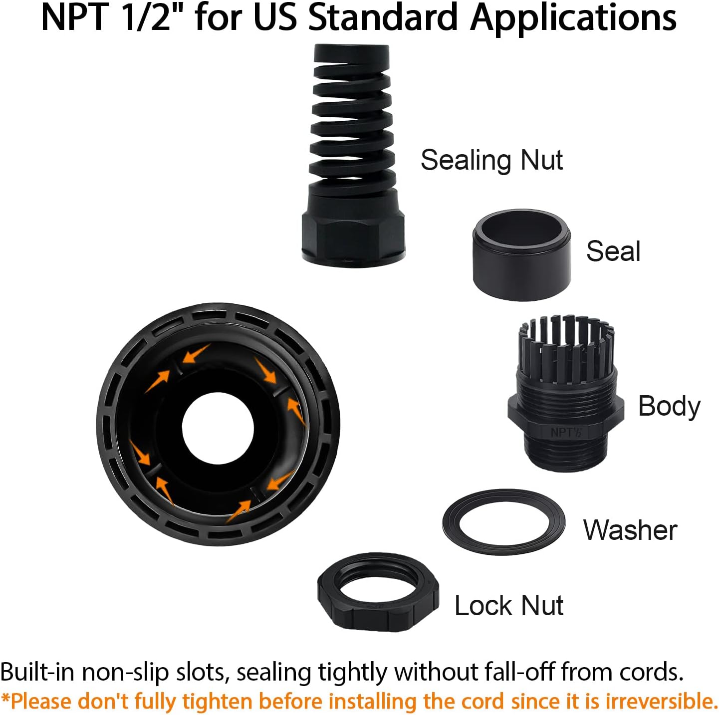 LeMotech 5Pcs NPT 1/2" IP68 Waterproof Cable Gland Flex Spiral Strain Relief Black Nylon Joint with Gaskets for 6-12mm Wire Thread