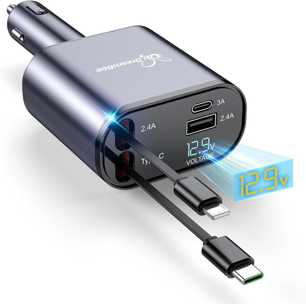 DreamBee Retractable Car Charger,66W 4 in 1 Super Fast Charge Car Phone Charger,Gifts for Men Women Car Truck Accessories for iPhone 15/14/13/12 Pro Max XR,iPad,Samsung,Pixel