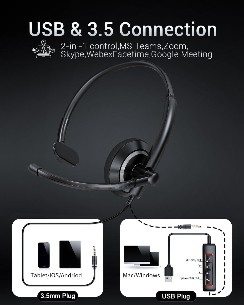 USB Headset with Microphone for PC - Lightweight Single-Ear Computer Headset, Crystal Clear Sound & Comfort Fit, Flexible Steel Headband (3.5mm+USB)