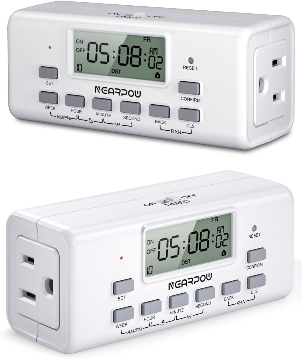 [2 Pack] NEARPOW Digital Timer For Lamp With Dual Outlets, Programmable Timer In Door, Outlet Timer For Lights,10 On/Off Programs, 24-Hour And 7-Day Programmable Electric Plug Timer,3 Prong, 15A/1875W