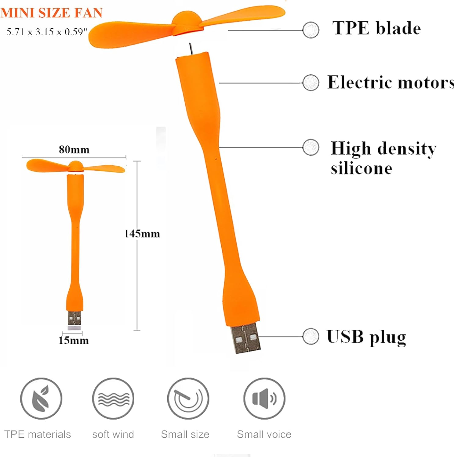 Mini USB Fan, Portable Pocket Fan USB-A Powered Little Cooler, Quiet Operation, for Home Office Car Outdoor Travel- 4 Pack (Orange)