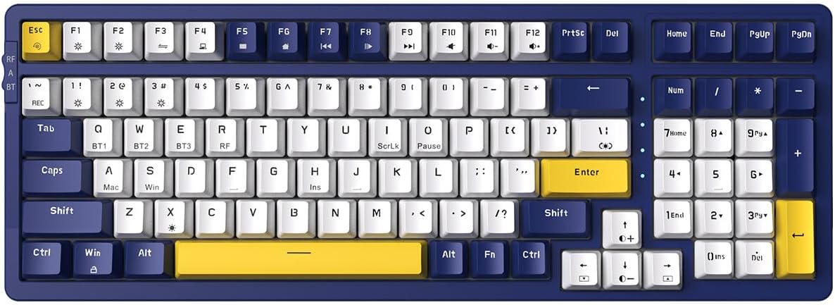 Wireless Mechanical Keyboard, Triple Mode 2.4G/USB-C/BT Gaming Keyboards 100 Keys Ice-Blue Backlit, Red Switch Keyboard | Rechargeable Mechanical Gaming Keyboards | Blue/White/Yellow