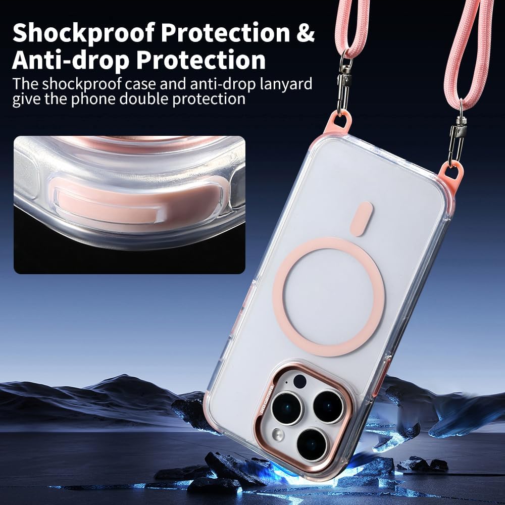for iPhone 15 Pro Case with 62.99 inch Lanyard, Classic Clear&Pink Magnetic Phone Case, Drop&Shockproof Protection Cases, Phone Lanyard for Around The Neck, Compatible with Magnet Accessory