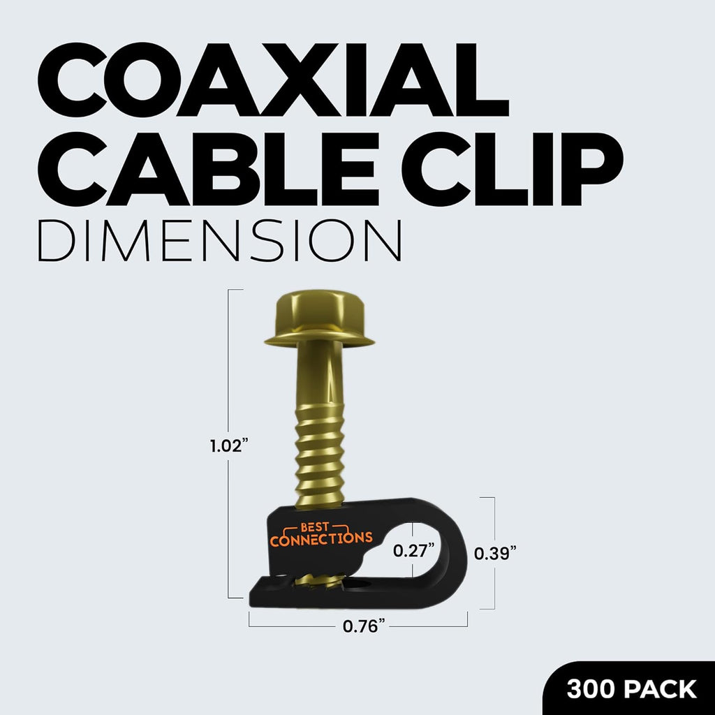 BEST CONNECTIONS Coaxial Cable Clips With Pre-Inserted Screw (300 Pack) - Black Single Mounting Clamps for Coax (RG6, RG59) and Ethernet - Cord Fastener/Strain Relief Clip