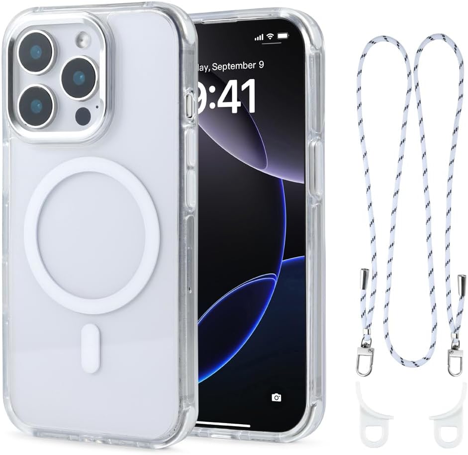 for iPhone 14 Pro Case with 62.99 inch Lanyard, Classic Clear&White Magnetic Phone Case, Drop&Shockproof Protection Cases, Phone Lanyard for Around The Neck, Compatible with Magnet Accessory
