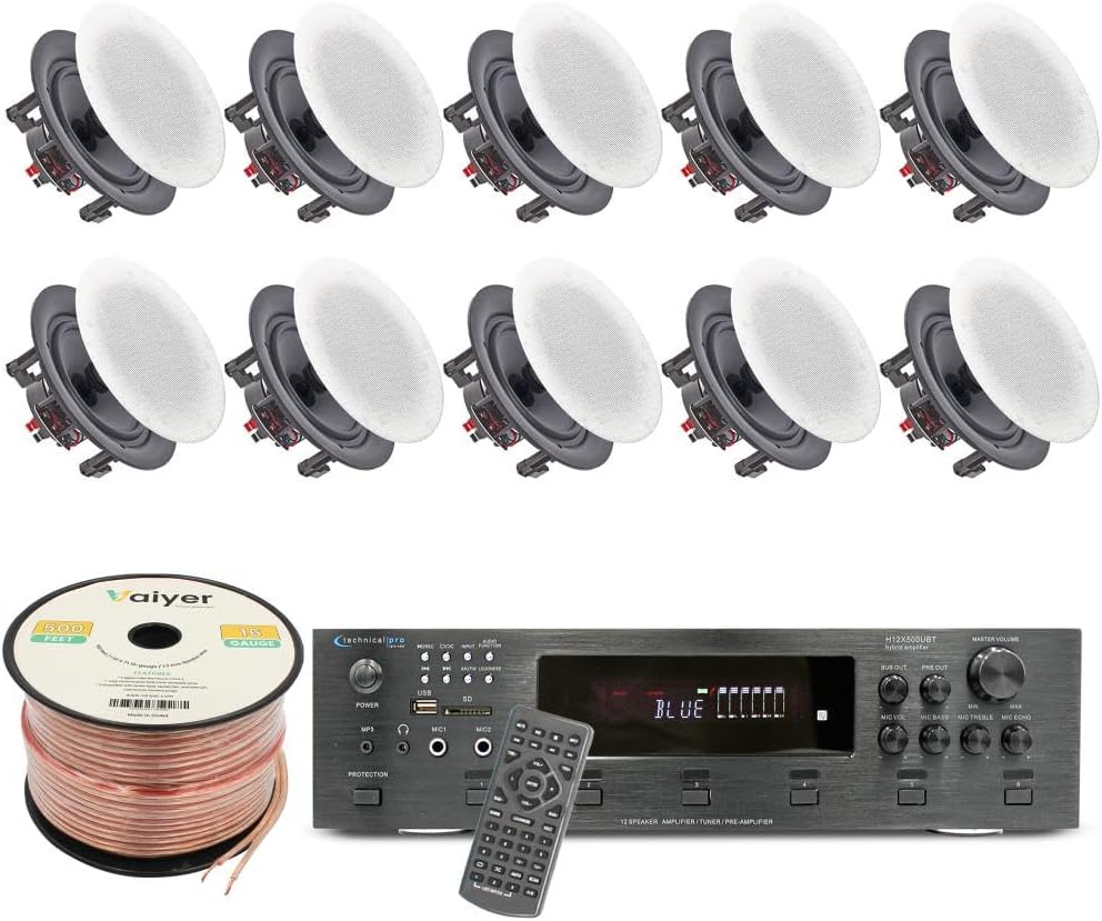 Vaiyer Home Audio System Kit, 6-Channel 6000 Watts Bluetooth Amplifier w/ 5.25" 10 QTY of 175 W Each Frameless in-Ceiling Speakers & 16 AWG 500 ft Speaker Wire - Perfect for Home/Office/Bar/Restaurant