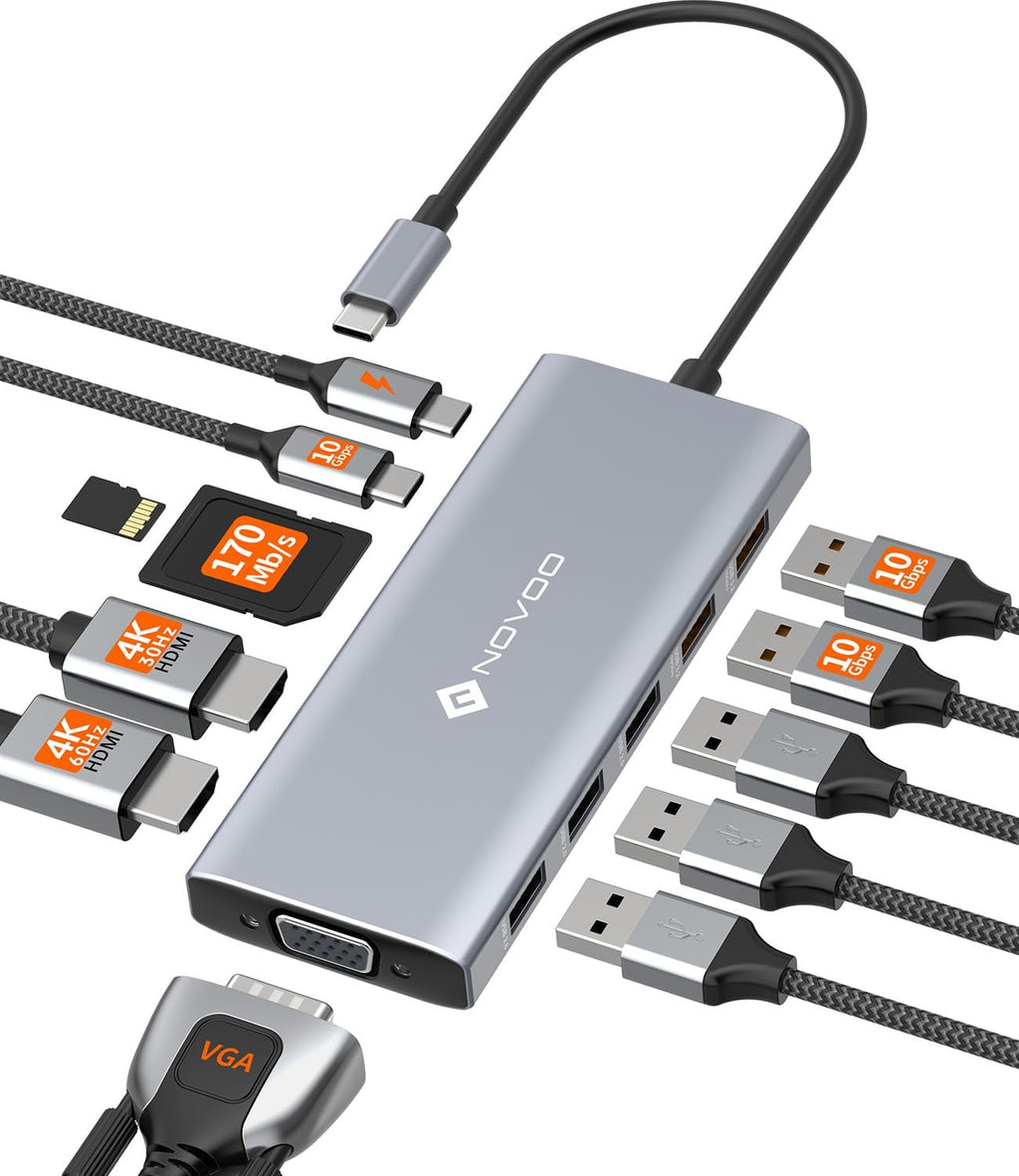 NOVOO USB C Docking Station Dual Monitor, 12-in-1 USB C Hub with HDMI 4K, VGA, USB 10Gbps, SD/TF, 100W PD, Multiport Adapter Compatible with MacBook Dell HP Surface