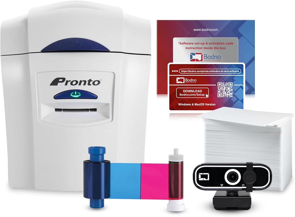 Bodno Magicard Pronto ID Card Printer & Complete Supplies Package ID Software and Camera - Silver Edition