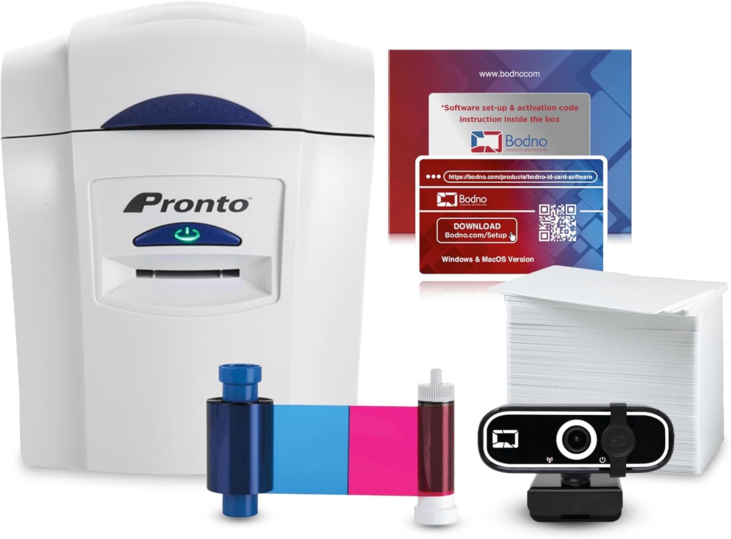 Bodno Magicard Pronto ID Card Printer & Complete Supplies Package ID Software and Camera - Silver Edition