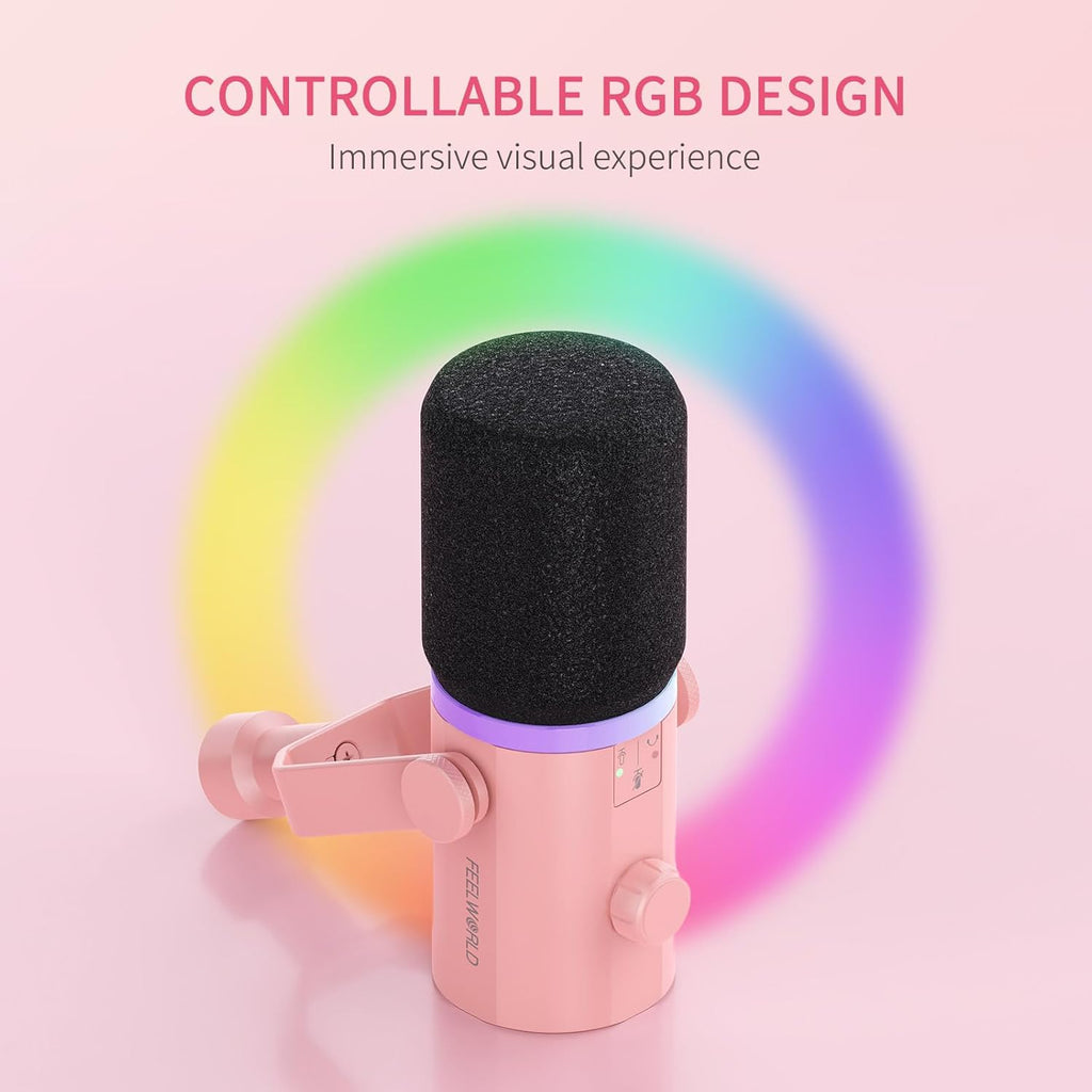 FEELWORLD PM1 XLR USB Dynamic Microphone with Desktop Stand Gifts for Podcast Recording PC Computer Gaming Streaming Vocal Voice-Over, Studio Metal Mic, RGB Light, Mute Button, Headphones Jack (Pink)