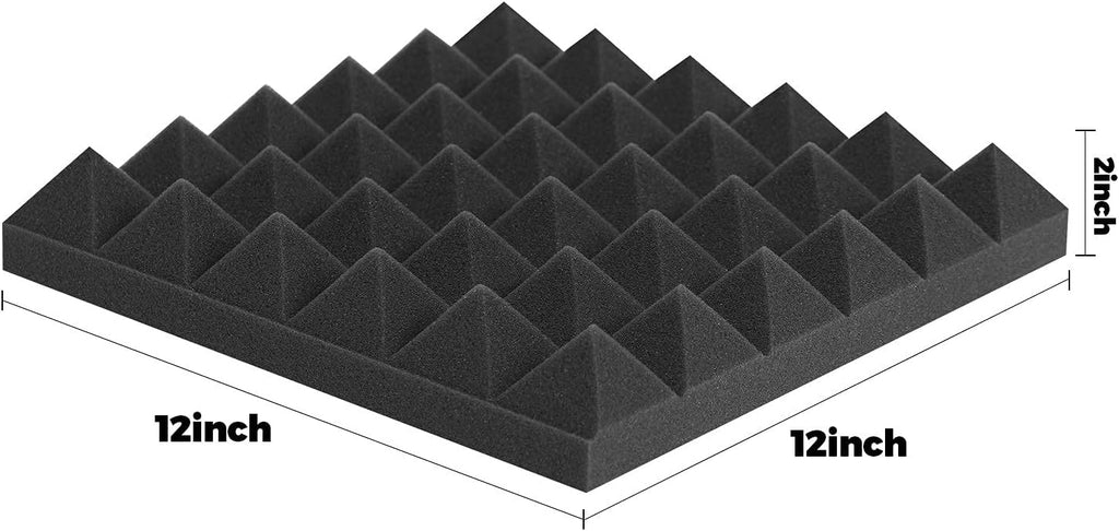 Acoustic Panels - 12 Pack 12x12x2 Inches Black Pyramid Acoustic Foam, Fire-Proofed Soundproof Wall Panels, 25kg/cbm Sound Proof Foam Panels ， Sound Panels for Recording Studio and Music Room