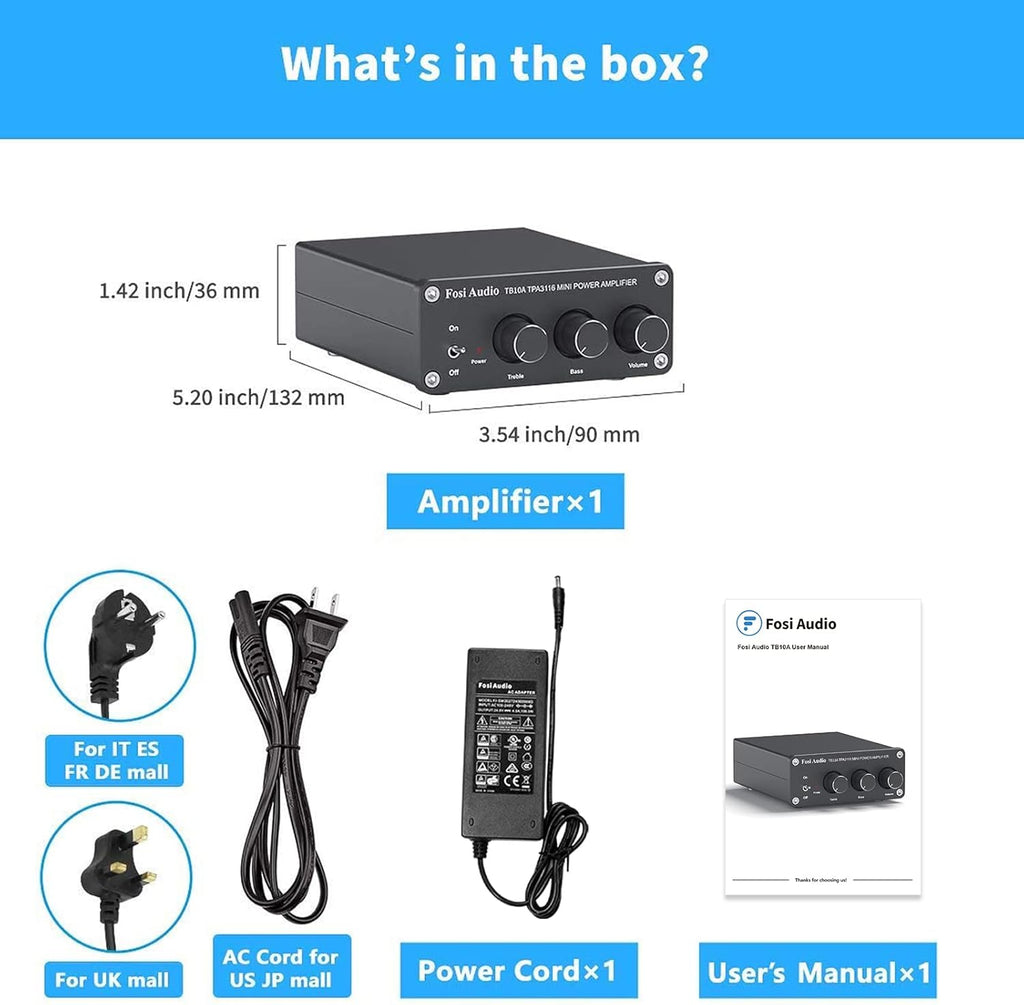 Fosi Audio TB10A 2 Channel Stereo Audio Amplifier Receiver Mini Hi-Fi Class D Integrated Amp 2.0CH for Home Speakers 100W x 2 with Bass and Treble Control TPA3116(with Power Supply)