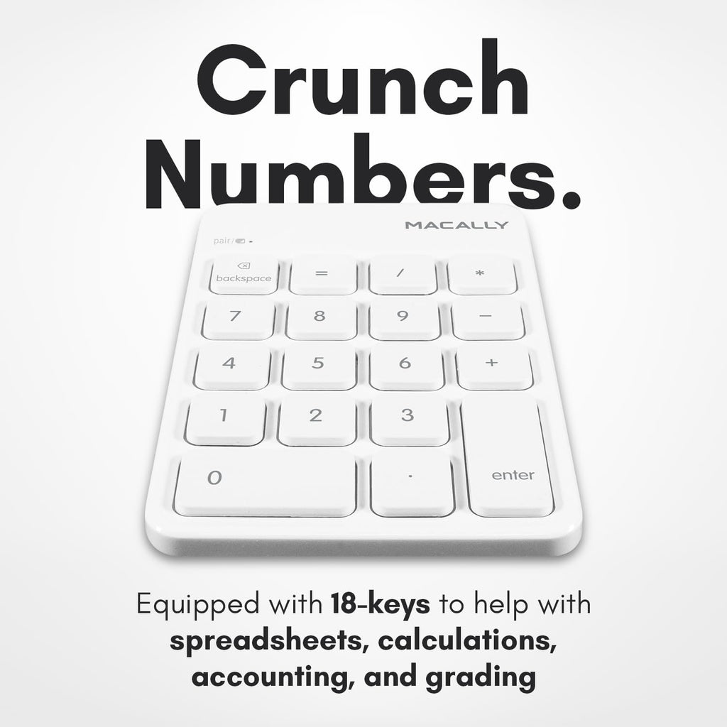 Macally Bluetooth Number Pad for Laptop, Apple, Mac, iMac, MacBook Pro/Air, Ipad, Windows PC, Tablet, or Desktop Computer - Rechargeable 18 Key Wireless Numeric Keypad - White Bluetooth 10 Key Numpad