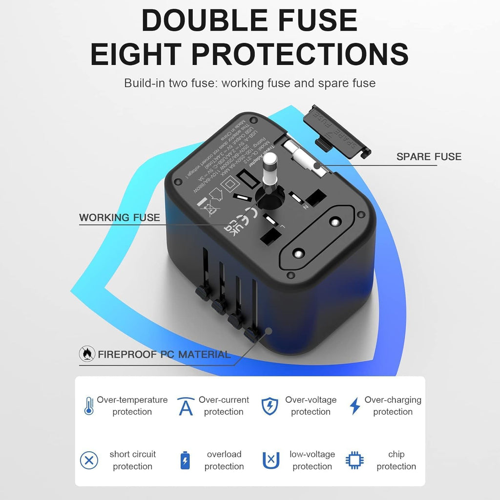 Universal Travel Adapter, 5 in 1 International Travel Plug Adapter with 2 USB A and 2 USB C, Worldwide Travel Plug Adaptor UK to European Power Socket Charger for EU USA UK AUS Asia