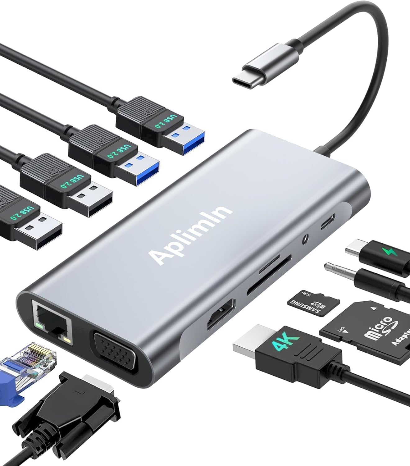 USB C HUB, USB C Adapter 11 in 1 Dongle with 4K HDMI, VGA, PD 100W, 1 X USB 3.0, 3 X USB 2.0 Ethernet, SD/TF Card Reader, 3.5mm Headphone Jack for iPhone 16/15 MacBook Pro/Air, Other Type C Laptops