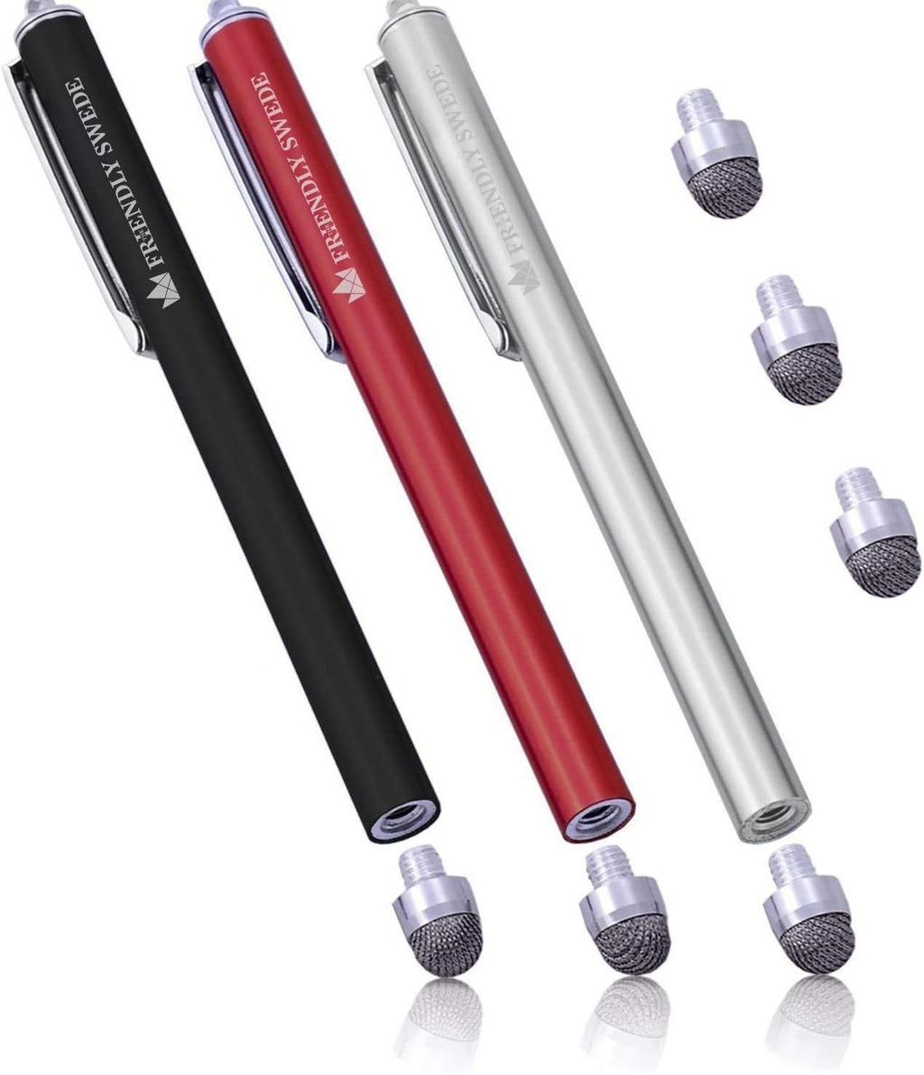 The Friendly Swede Mesh Tip Stylus Pen for Touchscreen — 3-Pack Micro-Knit Capacitive Stylus Pen for iPad & iPhone with 3 Replaceable Fiber Tips, Elastic Lanyards & Screen Cleaning Cloth