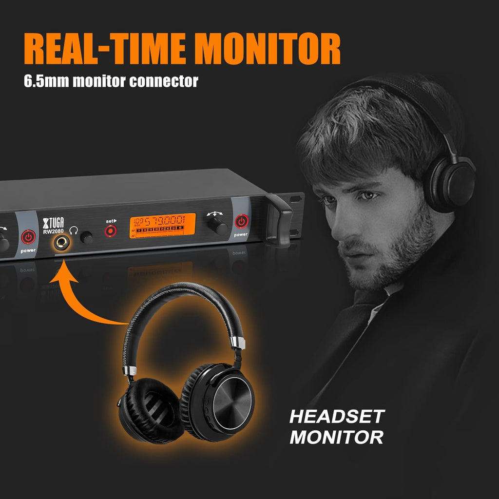 XTUGA RW2080 Wireless in Ear Monitor System Mono Design Dual Channel Wireless IEM System 5 Bodypacks, 300Ft, 40 UHF Frequencies, in Ears Monitors for Band, Stage or Studio, 902-928mhz